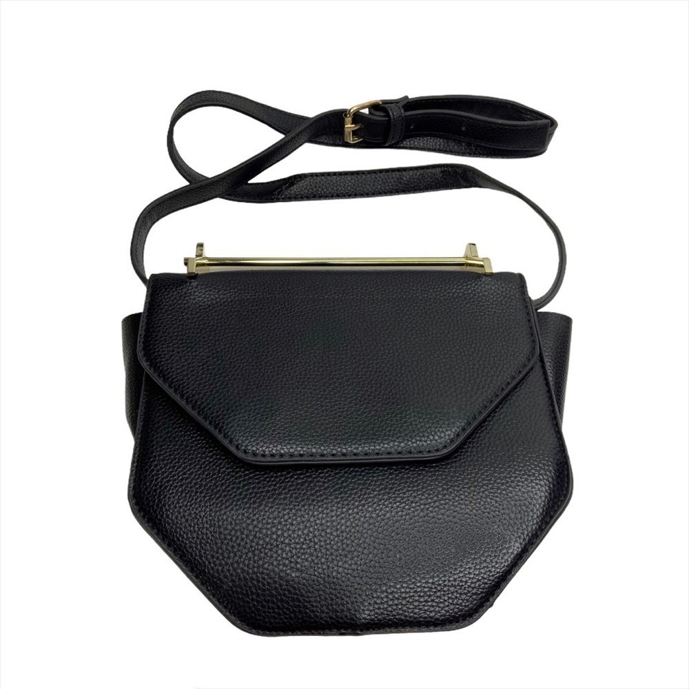 Black Faux Leather Structured Metal Handle Purse Bag